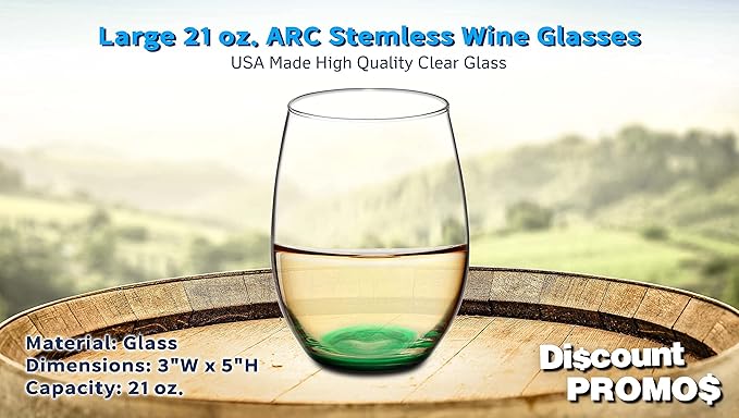 DISCOUNT PROMOS 10 ARC Stemless Wine Glasses Set, 21 oz. - Chardonnay, Cabernet, Merlot, Sauvignon - Green