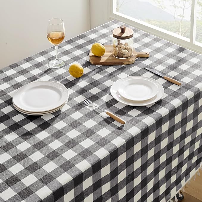 Softalker Checkered Tablecloth Rectangle, Outdoor Linen Cotton Gingham Table Cloth with Tassel, Heavy Duty Wrinkle Free Buffalo Plaid Table Cover for Kitchen Dining Home Party - 55 x 70 Inch, Black