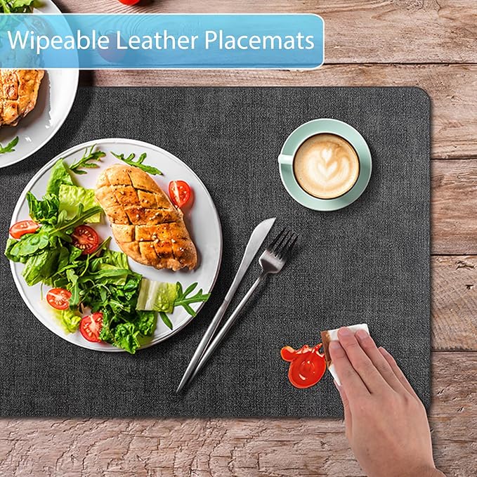 Placemats Set of 12 Washable, Heat Resistant Table Placemats Wipeable Faux Leather Place Mats Non Slip, Waterproof Square Table Mats for Indoor Outdoor, Charcoal Gray