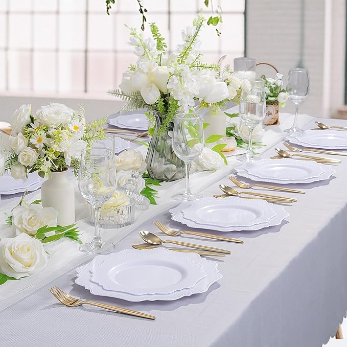 COLOSUS 100pcs 9.5 Inch-White Plastic Dinner Plates, Fancy White Plastic Plates,Heavy Duty Disposable Dinner Plates for Party Thanksgiving and Everyday Use