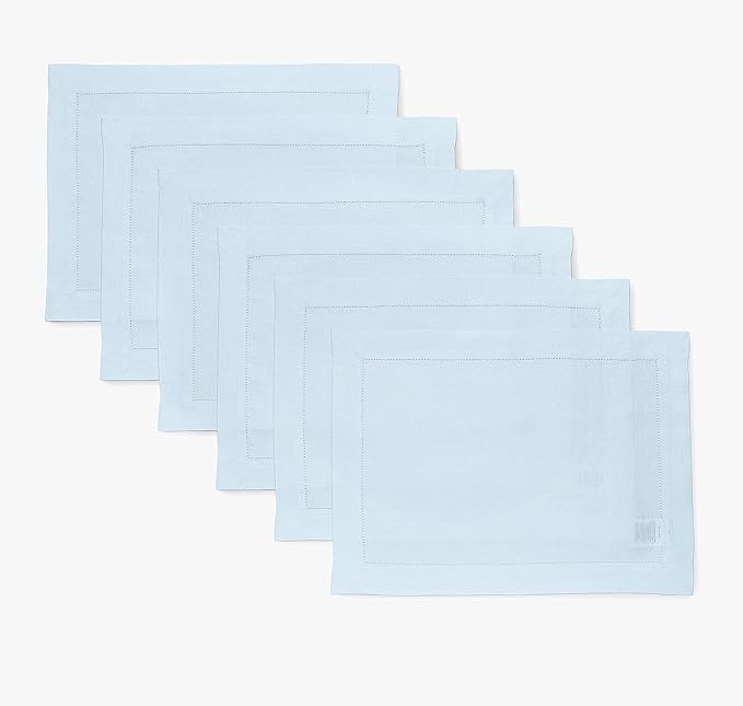 Solino Home Linen Cloth Placemats Set of 6-100% Pure Linen Hemstitch Light Blue Placemats 14 x 19 Inch - Classic Hemstitch Table Place Mats for Winter, Spring, Easter
