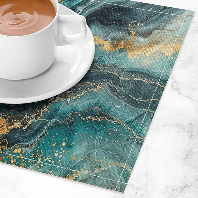 Marble Linen Placemats Set of 2, 12x17 Inch Modern Abstract Foil Stone Texture Teal Gold Marble Table Mats Washable Fabric Place for Party Kitchen Wedding Dining Banquets Decor