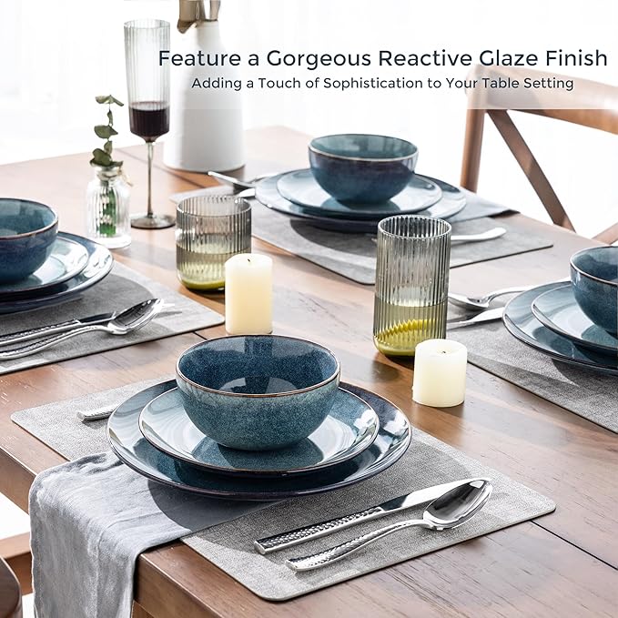 AmorArc Ceramic Dinnerware Sets for 8, 24 Pieces Handpainted Plates and Bowls Set, Scratch Resistant Stoneware Dishes Set, Dishwasher & Microwave Safe, Ceylon Blue