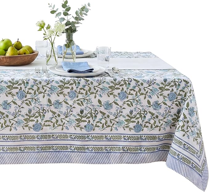 ATOSII Mahoka Blue 100% Cotton Rectangle Summer Tablecloth, Handblock Floral Linen Table Cloth for Kitchen Dining Table I Parties Weddings Outdoors Home Decor 72 X 120 Inches I 10 Seater