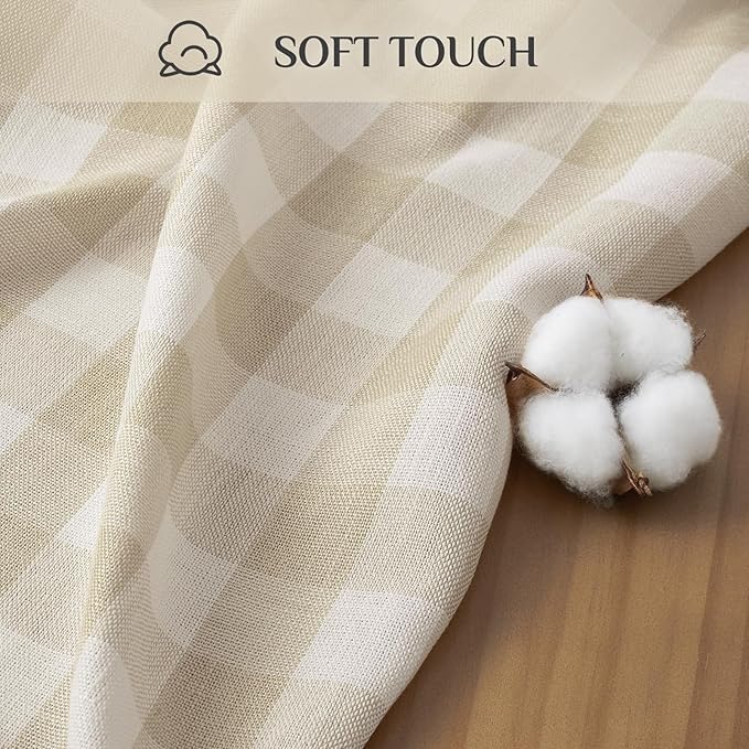 Softalker Checkered Tablecloth Rectangle, Outdoor Linen Cotton Gingham Table Cloth with Tassel, Heavy Duty Wrinkle Free Buffalo Plaid Table Cover for Kitchen Dining Home Party - 55 x 84 Inch, Beige