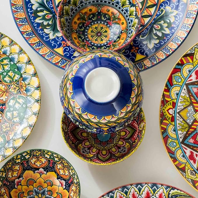 Henten Home Ceramic Dessert Bowls Set of 4, Bohemia 10 oz Snack Serving Bowl, Porcelain Colorful Bowls for Sauce, Fruits, Ice Cream, Soup, Decorative, Microwave & Dishwasher Safe