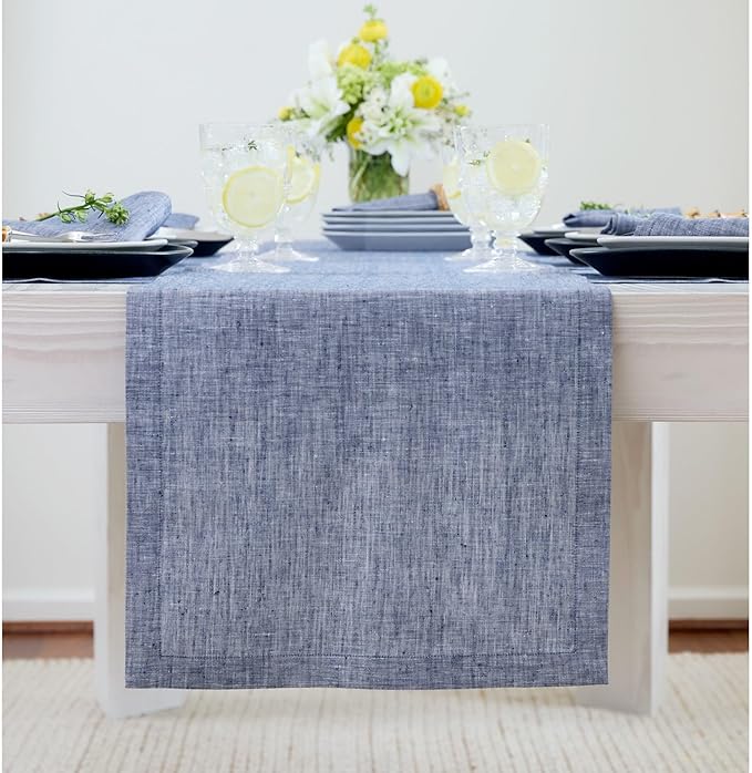 Solino Home Linen Small Table Runner 48 Inches - Athena, 100% Pure Linen Chambray Indigo Table Runner 14 x 48 Inch Ideal for Dresser and Coffee Tables - Winter, Spring, Easter