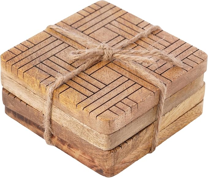 Set of 4 Wood Coasters - Natural Mango Wooden Coasters for Drinks, Beverages, Wine Glasses & Bar Glasses - Rustic & Durable Drink Coasters - Coaster Set for Home, Kitchen, Dining, Bar Decor