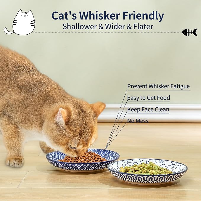 Selamica Ceramic Cat Bowls, 6 Inch Wide Shallow Cat Food Bowl for Relief Whisker Fatigue, Set of 6, Vintage Blue