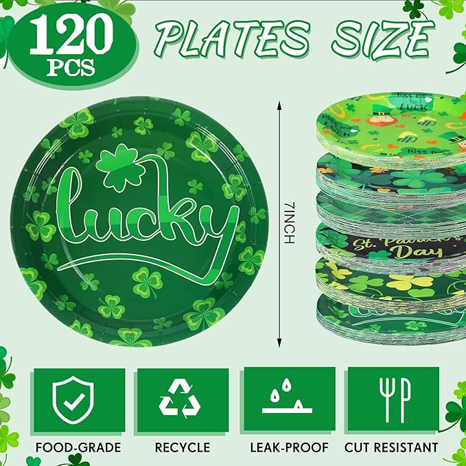 Umigy 120 Pieces 7 Inch St. Patrick's Day Party Plates Green Shamrocks Dinnerware Happy Lucky Disposable Paper Dessert Plates for St Patrick's Day Party Decorations Supplies, 6 Styles