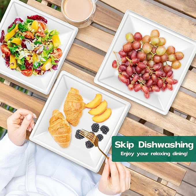 Square Paper Plates 10 Inch [50-Pack] Compostable Eco Friendly Disposable Plates Heavy Duty, Biodegradable Recycled Bagasse Plates, Large Paper Dinner Plates, Sturdy White 10" Plate