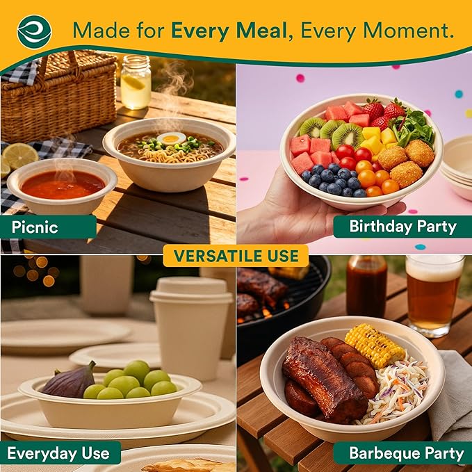 ECO SOUL 100% Compostable 12 Oz Soup Bowls [100-Pack] Disposable Sturdy Bowls I Heavy Duty Paper Bowl I Eco-Friendly Salad Bowl I Biodegradable Small