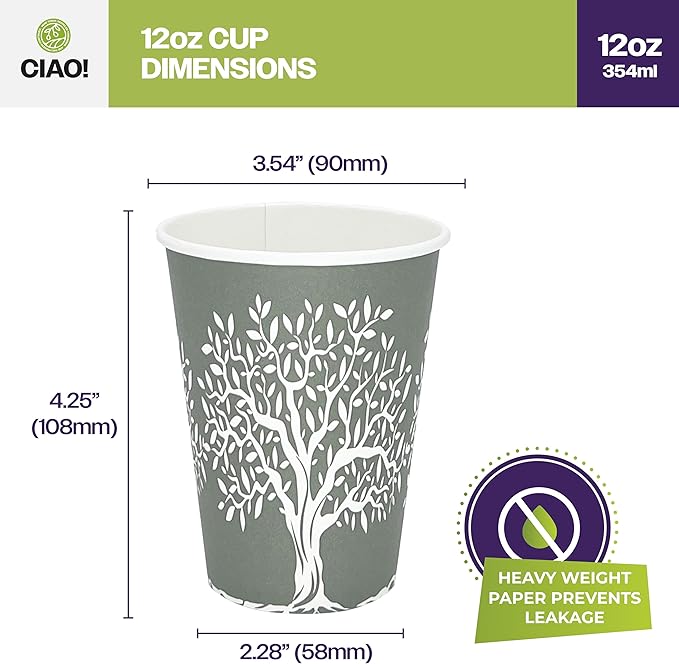 CIAO! 12oz Paper Hot Cup, Rooted Olive Print, (Case of 1,000)