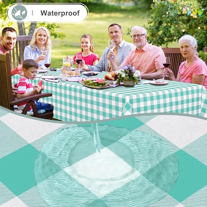 misaya Rectangle Waterproof Vinyl Table Cloth, Buffalo Flannel Backed Tablecloth, Wipeable Plastic Table Cover for Dinner, Kitchen, Outdoor (60" x 84", Teal and White)