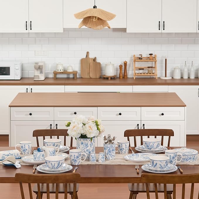 Bico Blue Garden Toile De Jouy Cereal Bowls Set of 4, 26 oz Deep Ceramic Soup Bowls for Cereal, Salad, Noodles, Kitchen, Microwave and Dishwasher Safe, Gift for Housewarming and Thanksgiving