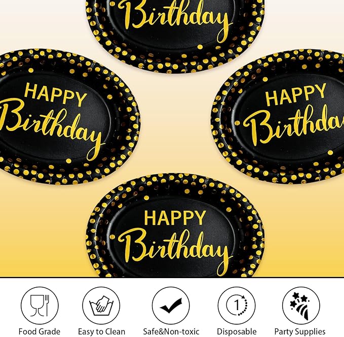 50Pcs Black and Gold Birthday Oval Paper Plates 10" x 12" Large Heavy Duty Disposable Black Gold Happy Birthday Decorations Golden Dessert Party Plate for Women Men Winter Xmas Holiday Party Supplies