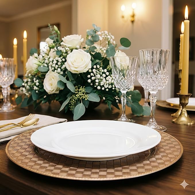 13 Inch Antique Gold Charger Plates Set of 6 Round Plastic Plates Matte Finish Faux Rattan Woven Texture Charger plates for Wedding Party Christmas (634)
