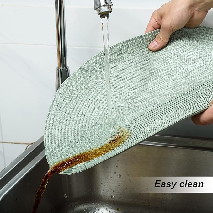 FunWheat Oval Braided Placemats Set of 6 Table Mats for Dining Tables Washable Heat Resistant Place mats for Daily Use 12X18 Inch(Oval Fog Green, 6pcs)