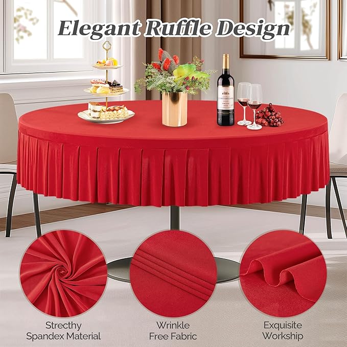 2 Pack Red Spandex Round Tablecloths for 72in Table, Stretchy Fitted 6FT Round Table Cloths, Wrinkle Free Table Cover with Skirt for Wedding Birthday Party Bridal Shower Banquet