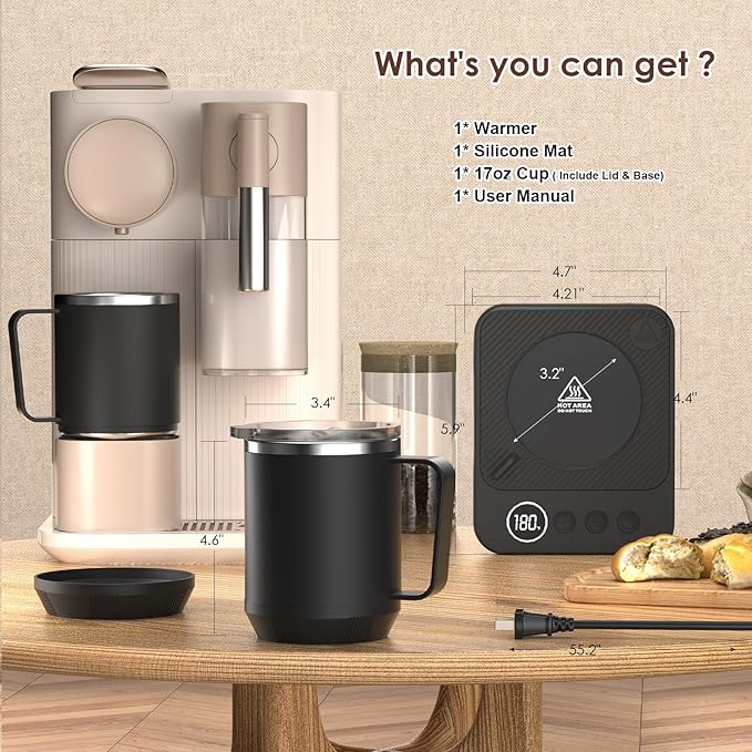 Coffee Mug Warmer & Mug Set for Desk, Smart Coffee Cup Warmer with 16oz Heated Mug, Coffee Heater with Auto Shut Off for Office/Home, Birthday/Valentine's Day/Coffee Gifts for Men & Women, Black