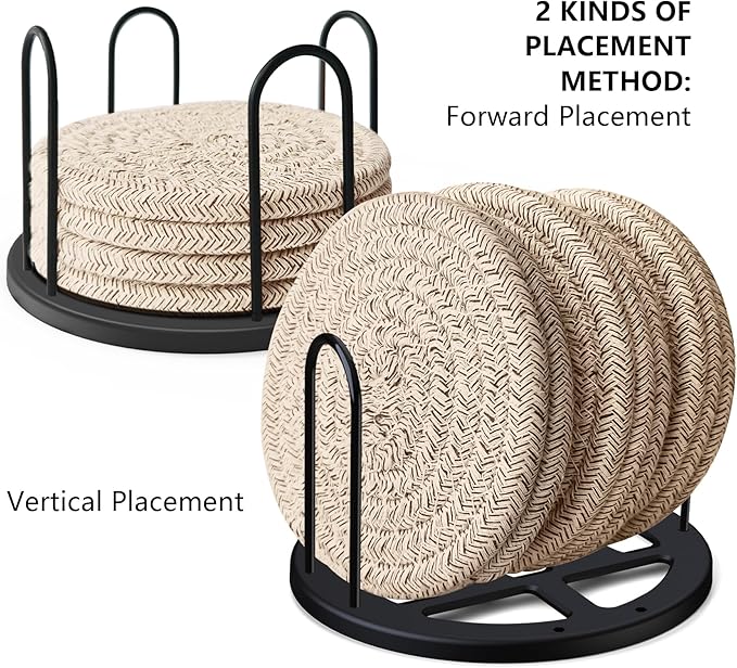 Coasters Set of 8 for Drinks, Beer, Coffee, Cotton Woven Absorbent Coaster with Holder, Boho Coasters for Home Decor Tabletop Protection Suitable for Kinds of Cups, Brown