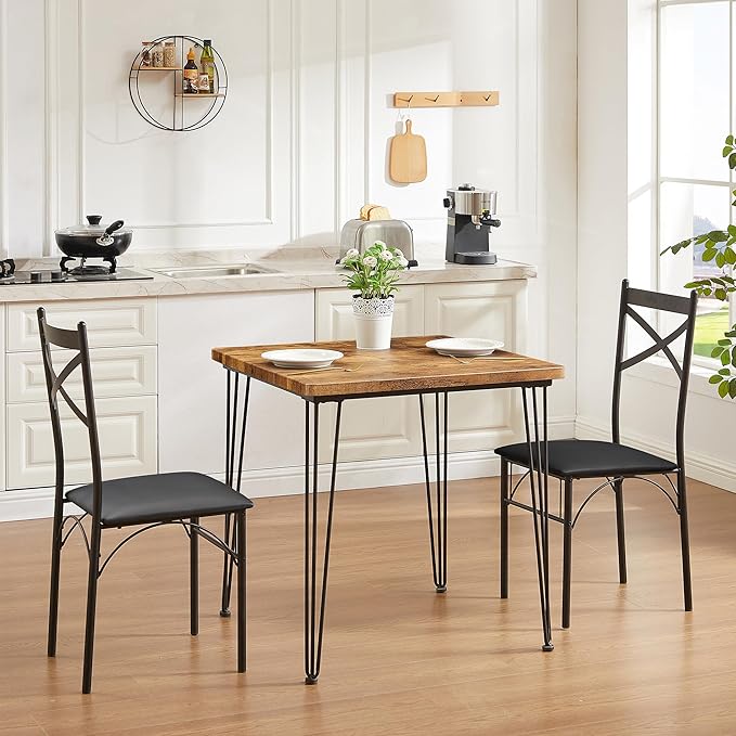 VECELO 3 Piece Dining Table Set for 2, Kitchen Table Set with 2 Chairs for Small Space, Space-Saving and Modern Design, Apartment, Easy to Assemble,Brown