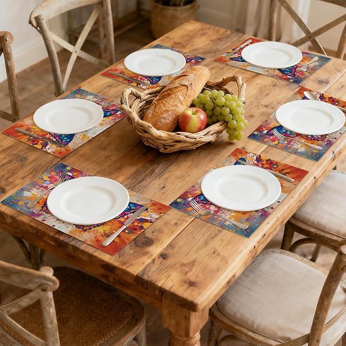 Table Placemats Set of 6, Waterproof Linen Fabric, Non-Slip Backing & Easy Clean, Elegant Dining Table Protectors for Family and Guests(Colorful Butterfly)
