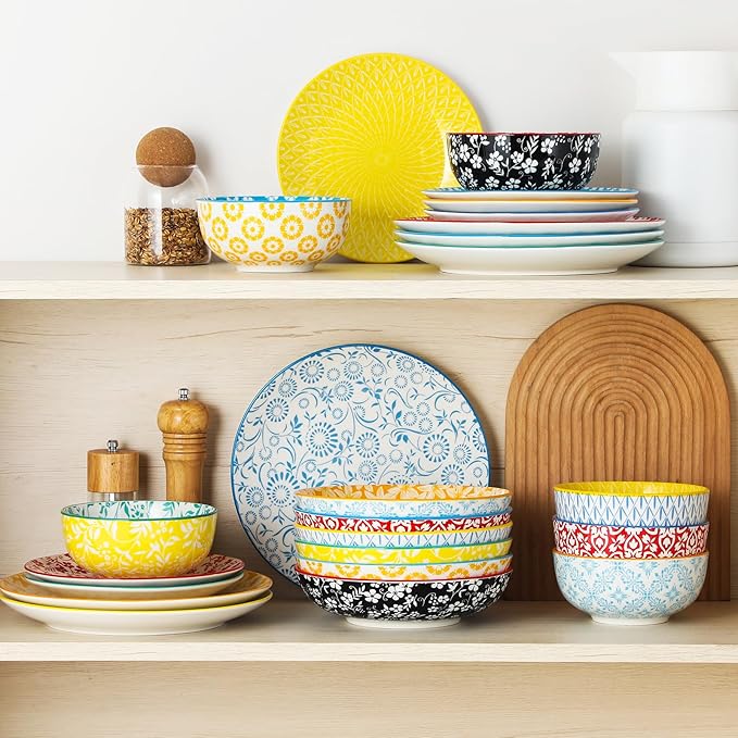 vancasso 8.5" Pasta Bowls Set of 6, 40 oz Porcelain Shallow Salad Bowls, Serving Bowls Large Kitchen Bowl Plates Pasta Dishes Plates, Colorful Floral Design, Microwave Safe, Series SELENE