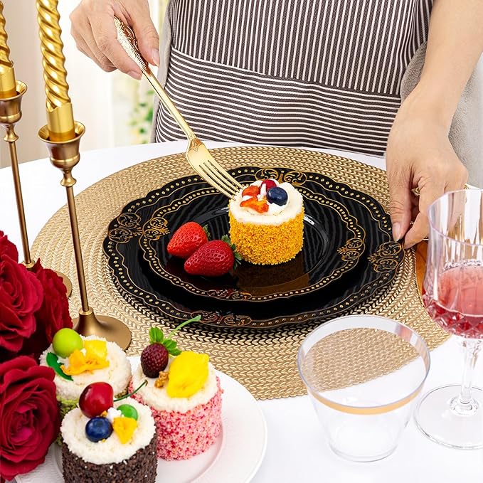 Ciaell 175 PCS Black and Gold Plastic Plates - Black Disposable Dinnerware Set with 50 Plates, 25 Knives, 25 Forks, 25 Spoons, 25 Cups, 25 Napkins for Parties and Weddings