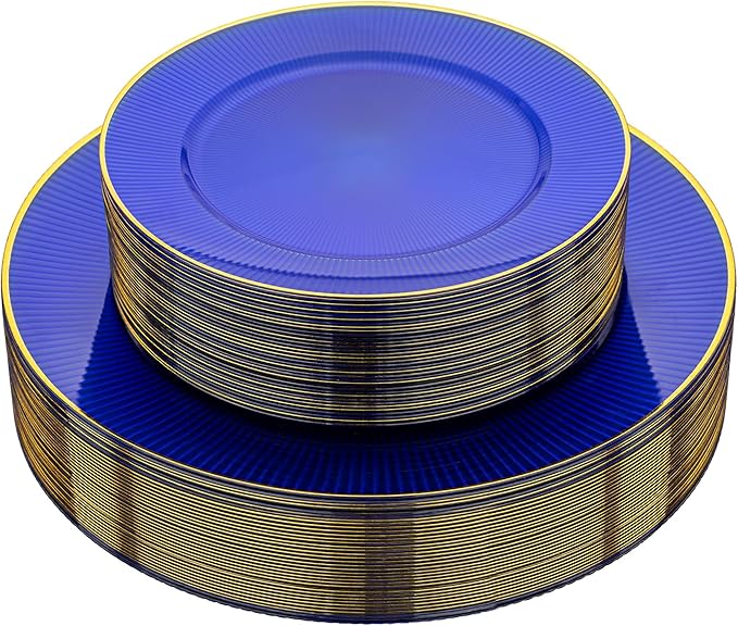 Hioasis 60pcs Blue Gold Plastic Plates - Gold Disposable Dinnerware Set, 30pcs Dinner 10.25in & 30pcs dessert 7.5in plates with striped designs for party & wedding