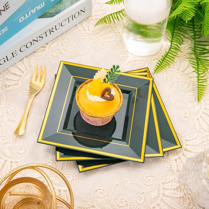 WDF 200PCS Green and Gold Plastic Dessert Plates with Plastic Forks -6’’ 100 Square Disposable Appetizer Plates Small Plates Cake Plates with Gold&100 Green Small Appetizer Forks for St. Patrick's Day