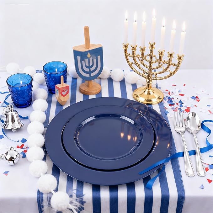 FLOWERCAT 100PCS Blue Plastic Plates - Heavy Duty Blue Disposable Plates for Possover Party/Wedding/Hanukkah - Include 50PCS 10.25inch Dinner and 50PCS 7.5inch Dessert/Salad Plates for 50 Guests