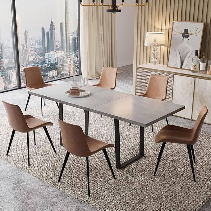 ZckyCine Modern Mid-Century Extendable Dining Table Set for 6-8 People | Expandable 51"-67" Wood Kitchen Table + 6 Upholstered Chairs | Stylish & Space-Saving Dining Room Furniture