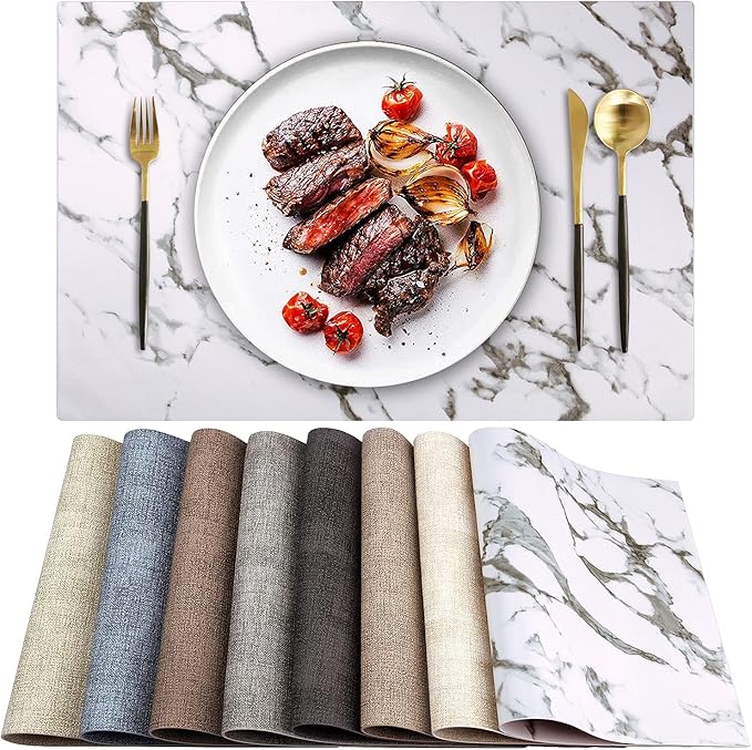 Leather Heat Resistant Placemats Set of 6 Waterproof Wipeable Washable PU Table Mats,Easy to Clean Anti-Slip Place Mats (Marble, 6)
