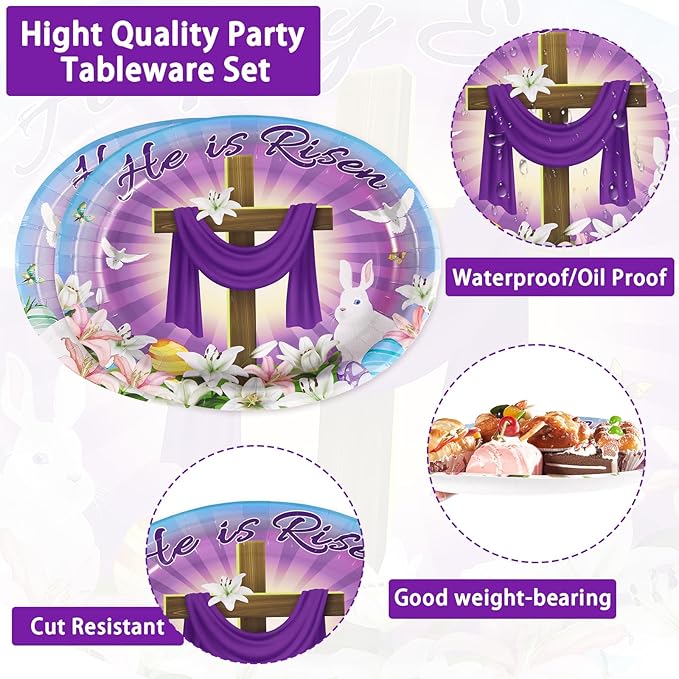50PCS He is Risen Oval Paper Plates 10" X 12" Disposable Easter Jesus Plates Happy Easter Paper Plates Cross Easter Tableware for Spring Lily Floral Religion Christ Easter Day Party Decorations