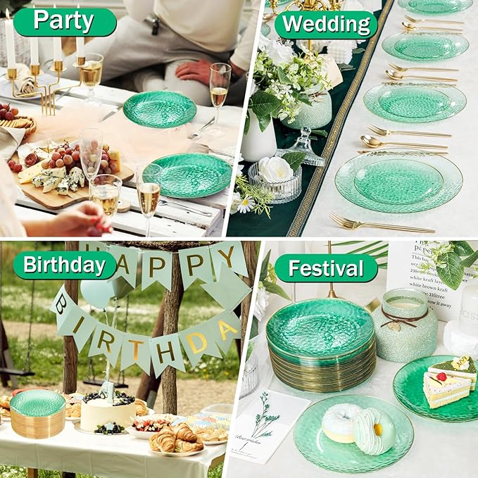 Rubtlamp 60 Pcs Green Gold Plastic Plates, Hammered Plastic Salad Plates, Green Disposable Plates With Gold Rim,7 Inch Disposable Dessert Platos, Disposable Dessert Appetizer Platos for Party