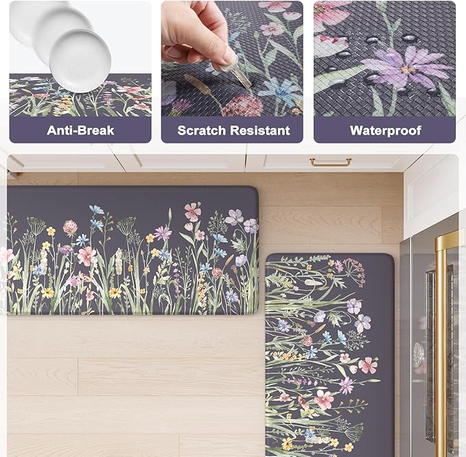 KIMODE Anti Fatigue Kitchen Mat for Floor, 17"x59"+17"x29" Floral Kitchen Rugs Sets of 2, Kitchen Floor Mats Non-Slip, Cushioned Standing Desk mat for Sink, Laundry, Office Dark Grey/Purple