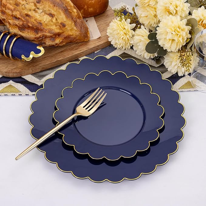 LIYH 210 Pcs Navy Blue Plates - Blue and Gold Plastic Scalloped Heavyduty Plates Disposable Dinnerware set, Gold Plastic Silverware for Wedding & Party 30 Guests