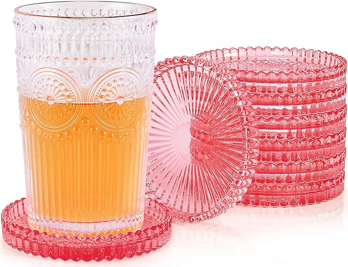 Vintage Glass Coasters, GOH DODD Set of 8 Crystal Coasters Tabletop Protection for Drinks, Home Decor, Kitchen, Living Room, Patio, Wedding, Party, Housewarming Gifts, Clear Red