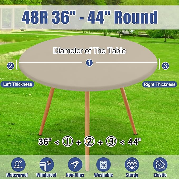 Round Spandex Tablecloth, Elastic Fitted Waterproof Tablecloths for 36"-44" Tables, Stretch Washable Picnic Table Cover for Camping, Dining, Indoor and Outdoor, Taupe