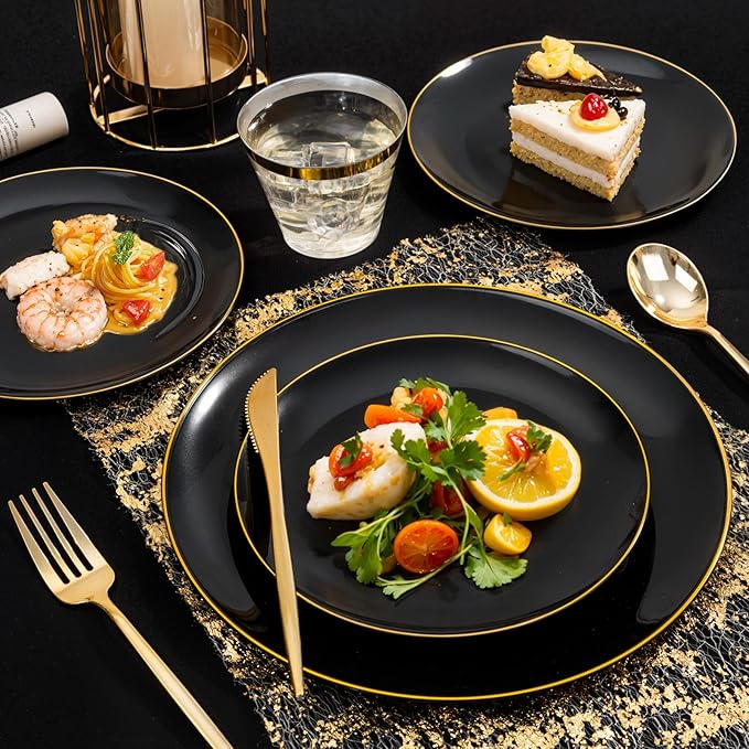 bUCLA 150PCS Black and Gold Plastic Plates - Black Gold Plastic Dinnerware Set Disposable - Include 25 Dinner / 25 Dessert Plates, 25 Knives, 25 Forks, 25 Spoons, 25 Cups, Ideal for Party & Birthday