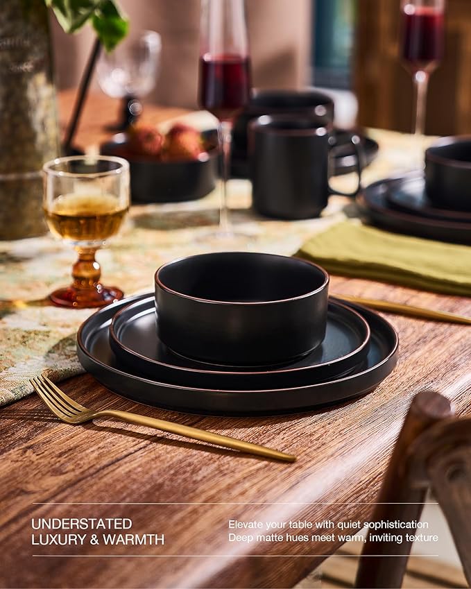 Famiware Nebula Ridge Stoneware Dinnerware Sets for 6, Plates and Bowls Sets, 18 Pieces Dishes Set, Microwave and Dishwasher Safe Kitchen Plates, Matte Black