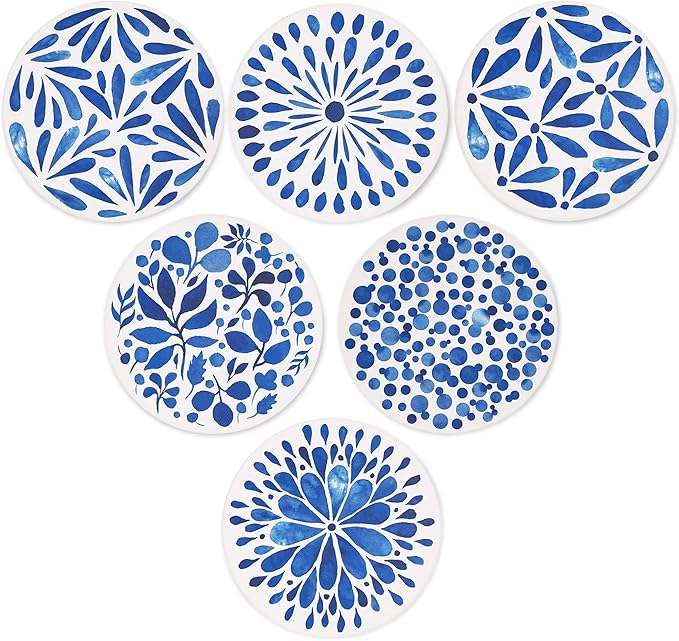AD Set of 6 Coasters for Drinks Absorbing Round Ceramic Stone Coaster with Cork Base,Tabletop Protection Mat for Mugs and Cups,Office,Kitchen (Indigo Blue with Holder)