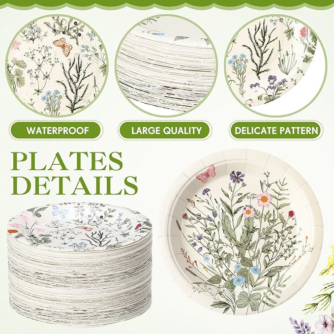 60 Pcs 7 Inch Vintage Wildflower Paper Plates Retro Flower Plant Herb Decorations Tableware Butterfly Dinnerware Decoration for Spring Summer Garden Home Picnic Decoration Supplies