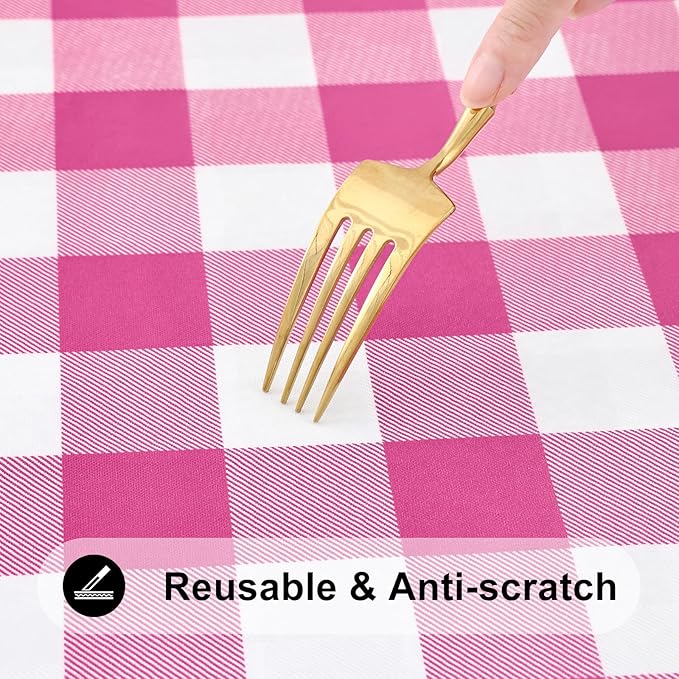Smiry Rectangle Picnic Table Cloth, Elastic Waterproof Fitted Vinyl Tablecloths, Flannel Backed Buffalo Plaid Table Covers for Dining, Camping, Outdoor (Hot Pink and White, 30" x 72")