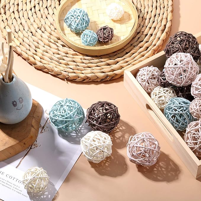 Patelai 36 Pcs Wicker Rattan Balls Decorative Balls for Vase Centerpiece Bowls Orbs Filler for Home Decor,4 Sizes(Blue, Light Brown, Dark Brown, White)