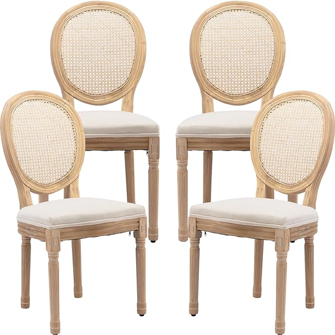 Vintage French Rattan Dining Chairs Set of 4, Solid Wood Frame with Round Rattan Back and Linen Upholstered Seat, Farmhouse Accent Sillas de Comedor Side Chairs for Dining Room & Kitchen, Beige