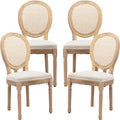 Vintage French Rattan Dining Chairs Set of 4, Solid Wood Frame with Round Rattan Back and Linen Upholstered Seat, Farmhouse Accent Sillas de Comedor Side Chairs for Dining Room & Kitchen, Beige
