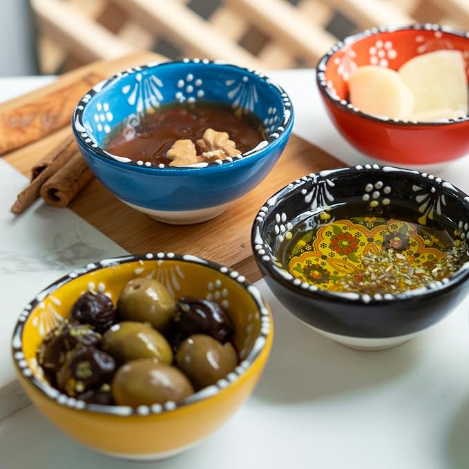 Ceramic Small Dipping Bowls Set of 6, 3.5 Oz Soy Sauce Dish, Handmade Charcuterie, Colorful Pinch, Dishwasher & Microwave Safe, 3.2'' Mini (FLOWER BLOOM)