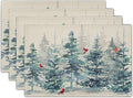 Winter Forest Tree Placemats Set of 4，Pine Tree Christmas Red Bird Heat Resistant Non Slip Place Mats Cotton Linen Tablemats for Dining Table Kitchen Decor 18 x 12 Inch